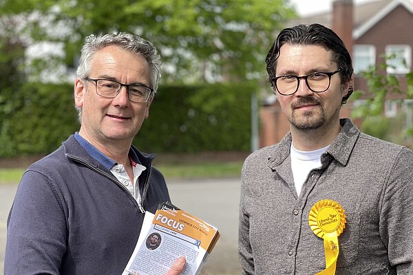 Lib Dem candidates on the campaign trail - Cllr Paul Ray and Ash Walters Lib Dem canvassers